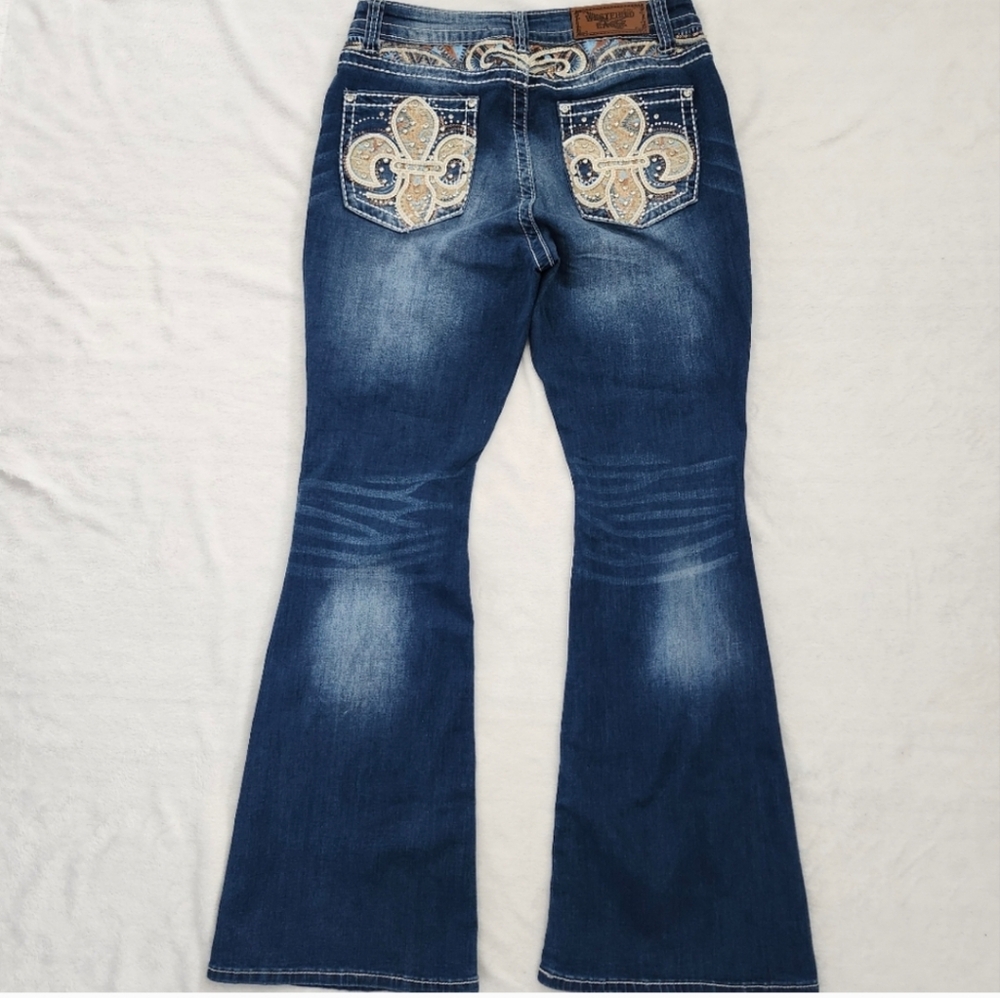 WESTFIELD EAGLE Womens Mid Rise Boot Cut Jeans Western Embroidered Rhinestone 13